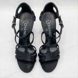 Chanel Black Satin Interlocking CC Logo T-Strap Sandals With 4.5 Inch Heel